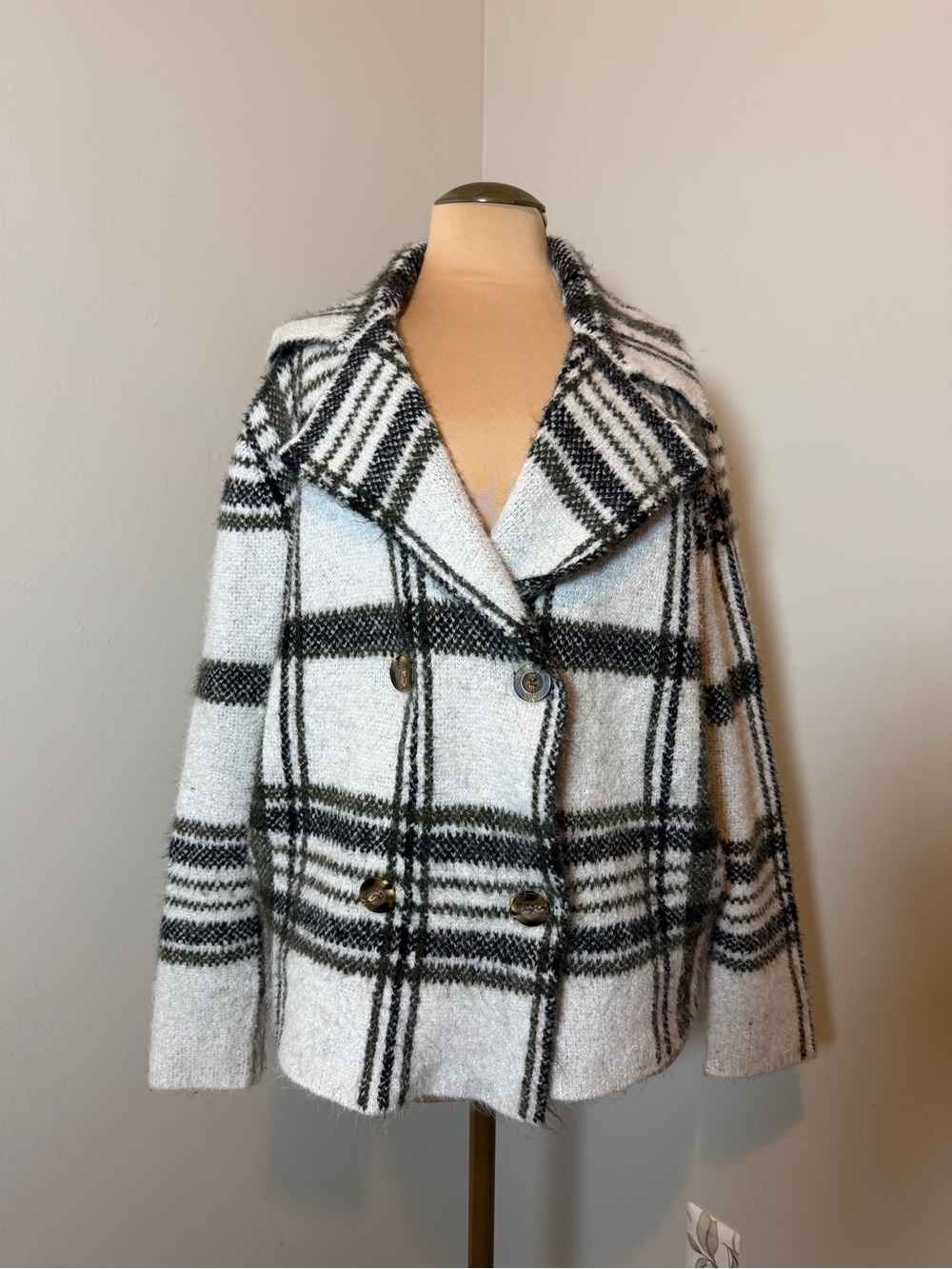 Rachel Zoe Cozy Plaid Double-Breasted Women's Coat - Olive, Black, & White